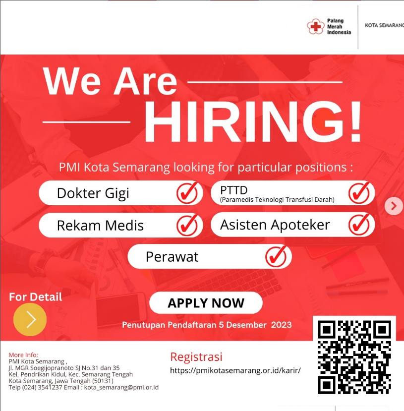 PMI, Palang Merah Indonesia, PMI Kota Semarang, PMI Semarang, lowongan kerja PMI Kota Semarang, lowongan kerja 2023, lowongan pekerjaan 2023